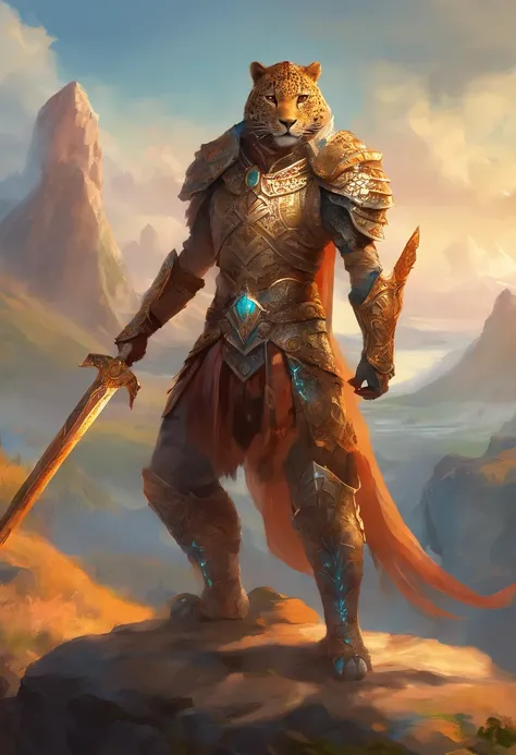 A fierce leopard humanoid warrior, adorned in intricate armor and wielding a powerful sword, stands atop a rocky outcropping, surveying the landscape.