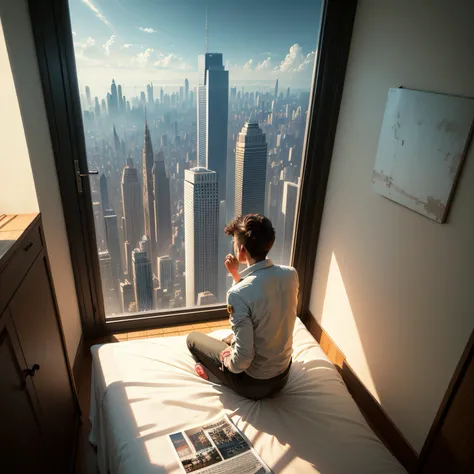 Scene: The young astronaut man wakes up in a huge bed in a giant room at the top of a skyscraper.
Description: The room is spacious, with a large bed in the center. Large windows offer an impressive view of the sunny metropolis. Add a blue sky and withe cl...