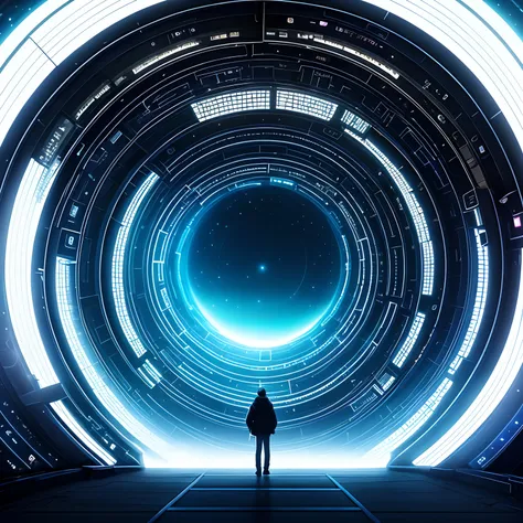 The Arafeds stand in the tunnel，The background is a black hole, portal to outer space, astronaut lost in liminal space, interstellar infinity portal, 3 d render beeple, majestic interstellar portal, portal in space, Inspired by Beeple, Kolossel interstella...