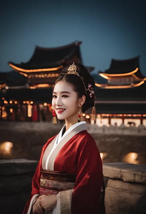 Kpop idol: 1.2, mix4, 1 Korean girl, 14 years old, (light eyebrows: 1.4), shiny brown eyes, bun head, tied two braids, ancient city, Chinese temple, high mountain, beautiful detail sky, street (crowd:1.2), night, (nose blush), hanfu, happy, smile