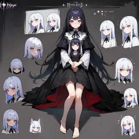 1girl, little girl, long hair, super long hair, dress with lace, Lace, big black eyes, empty pupils without glare, empty look, many eyes, Eyeballs, Monster Girl, A toy in your hands, Plush toy, scary toy, bare feet, Tired look, scary, interesting concept, ...