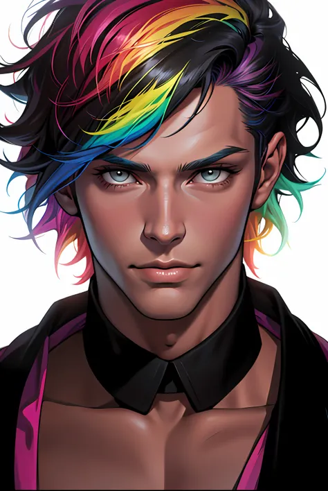 medium shot. handsome man, rainbow hair, short hair, digital painting, overdetailed digital painting, masterpiece quality, best ...