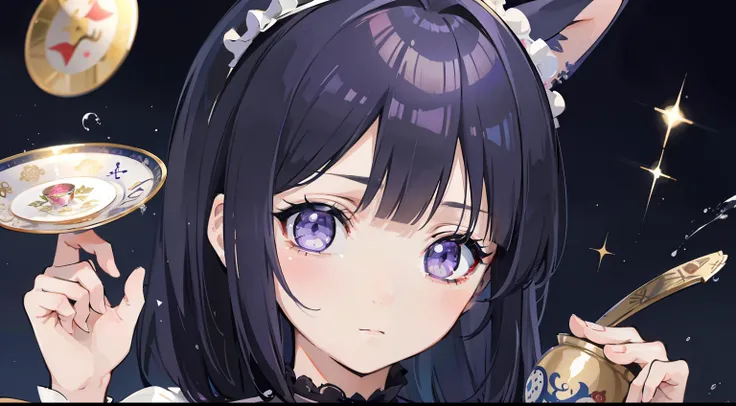 masutepiece, Fine detail, 4K, 8K, 12K, Solo, Solo, Beautiful Girl, caucasian female, medium dark blue hair、bangs、Rabbit ear headband、 Alice in Wonderland, purple eyes, PlayingCards, teacup, alice in the wonderland、児童書