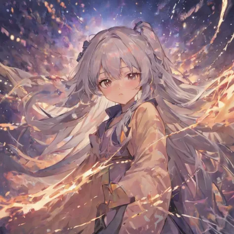 a 1girl, 独奏, Anime girl with gray hair with long ends of hair, ah high, ah high, Emo Art Student, Manga illustration, artstyle, relaxed pose, A peaceful expression on his face, dnd, Flat Breast, Fantasy clothing