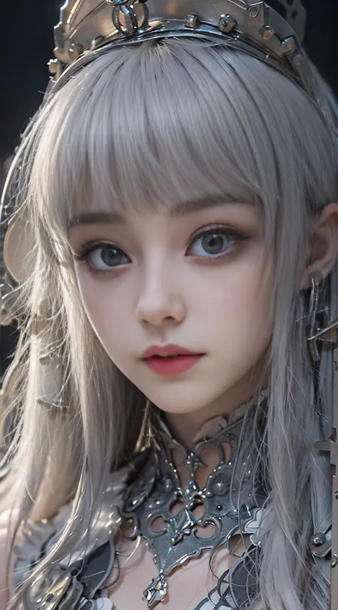 (((Masterpiece, top quality, super detailed))), (((( very detailed face))), small thin nose, small thin lip mouth, (((very sharp focused eyes))), very large slit precise pale gray eyes shining like jewels. Very long eyelashes, long black hair with black ve...