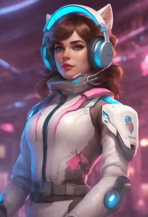 Masterpiece, Best Quality, High Resolution, 1girl, Super High Resolution, Solo, Mech Pilot, D.VA, Headphones, Pink Eyes, Blue Tights, Brown Hair, White Gloves, Cat Face Adornament,