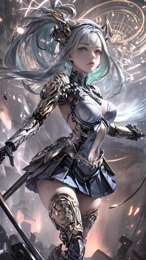 (((Masterpiece, top quality, super detailed))), ((Ultra-Photorealistic 3D)), Complex mechanical cyborg girl, Skeleton body, Dynamic combat action poses, Off-the-shoulder fashion fused with detailed and intricate steampunk and detailed gothic lolita, Comple...