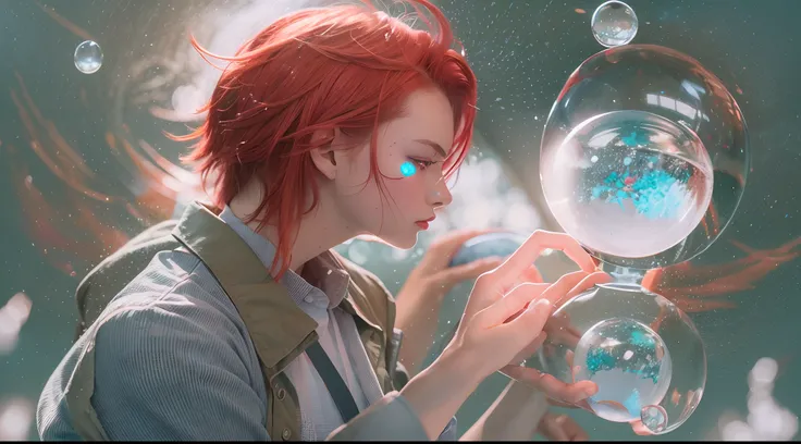 Sleeveless light blue button-down shirt，tiese，The inside of the red hair is dyed green，Heterochromic pupils，A glass-complete sphere filled with water，Refractive light effect，Tai Chi principle，Interaction of contrasting forces