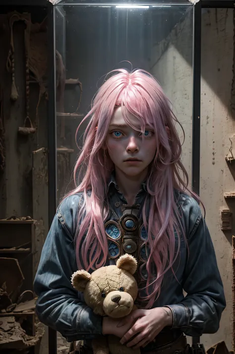 1girl, pink hair, blue eyes, (cowboy_shot:1.2), face focus, long hair, sidelocks, scared,(terrified:1.1) expression, holding teddy bear, atmospheric lighting, moody, darkness, in an old abandoned museum, transparent glass display cases filled with interest...