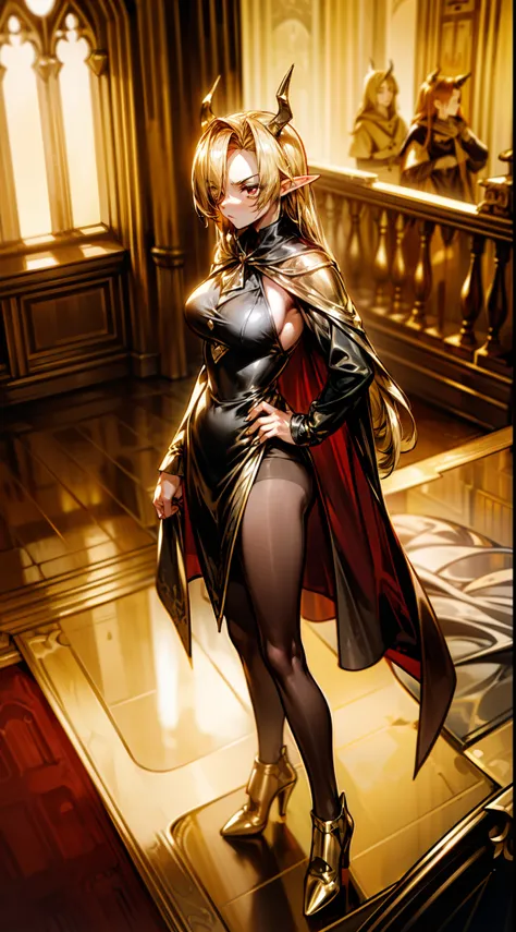 1woman,40s,solo,angry face,golden and black short dress,medium tits,golden hair,long hair,red eyes,elves ears,golden horns,pantyhose,((cape)),hair over one eye,gold high heels,(((standing in front of a room inside a castle)))