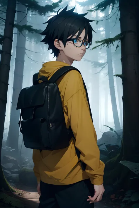 Create for me an art of a boy in a dark forest, with a backpack on his back and a treasure map in his hand, dense and dark forest emanating fear, short yellow boy, blue eyes, with a strong determination, wearing glasses, Uzumaki Naruto