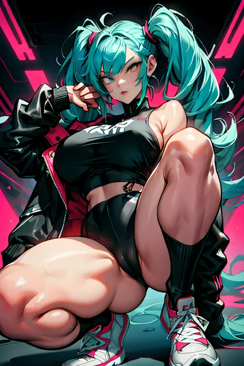 (masterpiece, best quality), 1lady, milf, low leggings, cropped top with underboss showing, (underboob:1.15), High Sneakers
big breasts, Rebecca from cyber punk edge runners, young woman, age 22, light teal skin color, teal hair color, pigtails hair, reall...