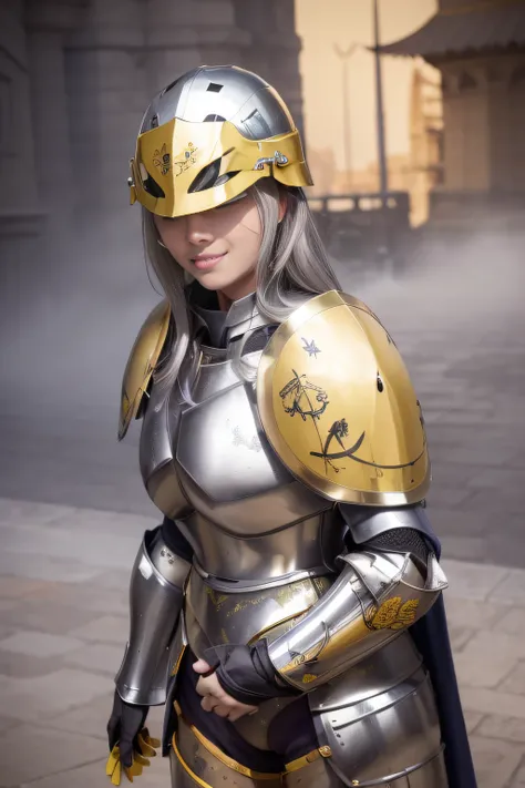 best qualtiy、masutepiece、超A high resolution、(Photorealistic:1.4)、infp young woman、(modeled:1.2)、small head、a small face、blonde  hair、long legged、(Decorated night helmet covering the face:1.7)、(Richly decorated yellow full-body armor:1.3)、Tight waist armor、...