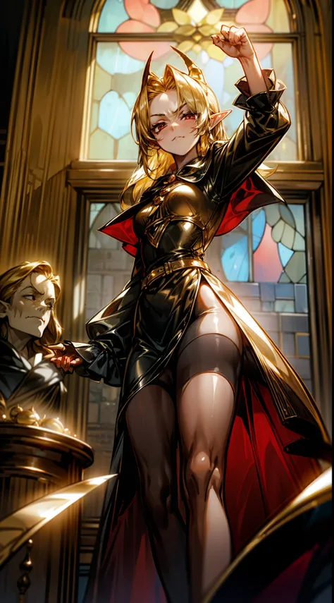 1woman,40s,solo,angry face,golden and black short dress,medium tits,golden hair,long hair,red eyes,elves ears,golden horns,pantyhose,((cape)),hair over one eye,(((standing in front of a window inside a castle))),(((portrait)))