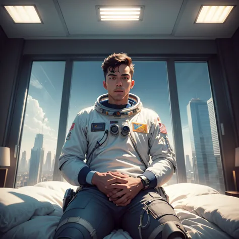 Young astronaut man wakes up in a huge bed in a giant room of a skyscraper. description: The room is spacious, add a large large window in a panoramic view to the scene from outside the room , com uma cama grande no centro. Large, tall windows offer an imp...