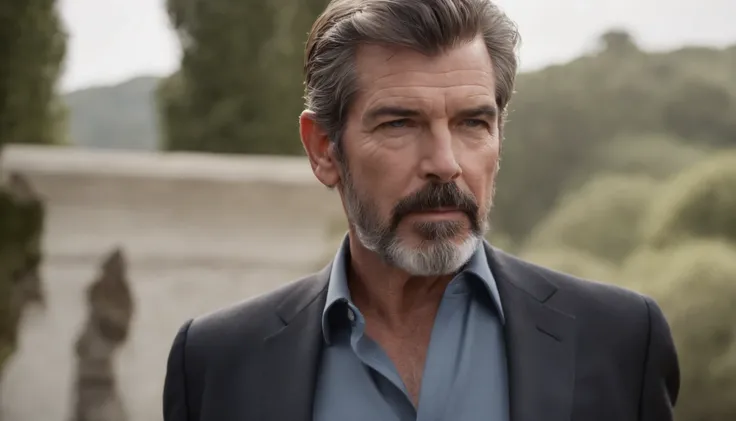 imagem de um homem com barba e terno em cima de uma pilha de ossos,  Pierce Brosnan como James Bond, Pierce Brosnan, rosto nitido e detalhado, bonito, homem bonito, homem de cabelos grisalhos escuros, inspired by Józef Brandt, ele tem barba e cabelos grisa...