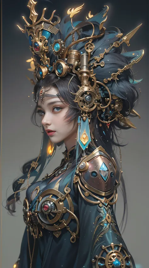 (((Masterpiece, top quality, super detailed))), (((One endless mage girl, 14 years old, radiating magic))), (((complex mechanical headgear, complex mechanical steampunk fashion and overdecorated gothic fashion and neon glitter cyberpunk fashion fusion of))...