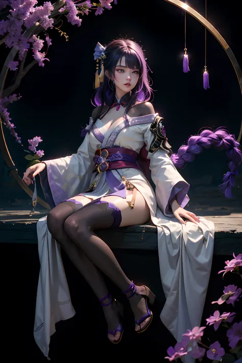 best quality, masterpiece, highres, 1girl,female,solo, mature female, raiden, 1girl, n/,  very long purple hair purple braid, hanfu,black clothes shoulders,(collarbone:0.9), hanfu,tang style, long black stockings, solo, full body, white kimono with purple ...