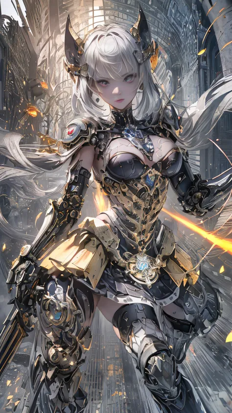 (((Masterpiece, top quality, super detailed))), ((Ultra-Photorealistic 3D)), Complex mechanical cyborg girl, Skeleton body, Dynamic combat action poses, Off-the-shoulder fashion fused with detailed and intricate steampunk and detailed gothic lolita, Comple...