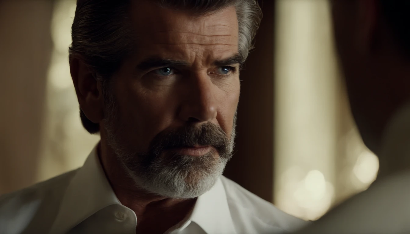 imagem de um homem com barba e terno em cima de uma pilha de ossos, Pierce Brosnan como James Bond, Pierce Brosnan, rosto nitido e detalhado, bonito, homem bonito, homem de cabelos grisalhos escuros, inspired by Józef Brandt, ele tem barba e cabelos grisal...