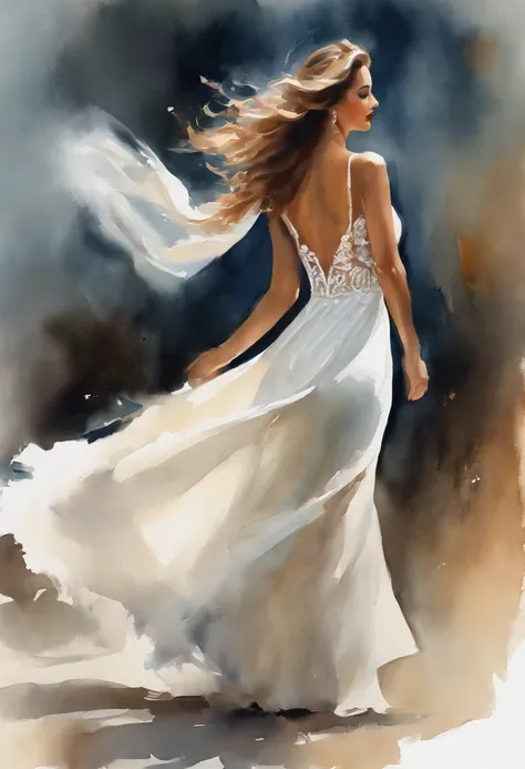 Pintura de una mujer con un vestido blanco bailando, Bailando con gracia, Elegante pintura a la acuarela, Arte digital pintura acuarela, en la primera pintura a la acuarela, inspirado por Olha Darchuk, Arte a la acuarela, Hermoso arte UHD 4 K, Baile sensua...