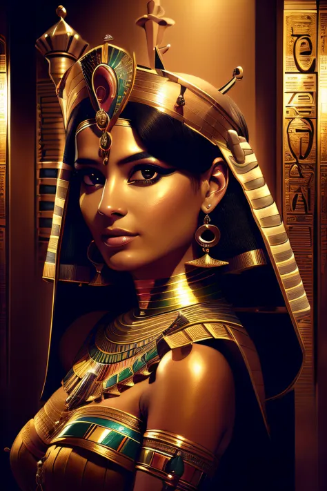 um close up de uma mulher usando um vestido dourado e um cocar dourado, cleopatra portrait, beautiful cleopatra, Egyptian Princess, Um retrato impressionante de uma deusa, cleopatra portrait, Retrato de uma bela deusa, cleopatrah, mulher linda, Egyptian, l...