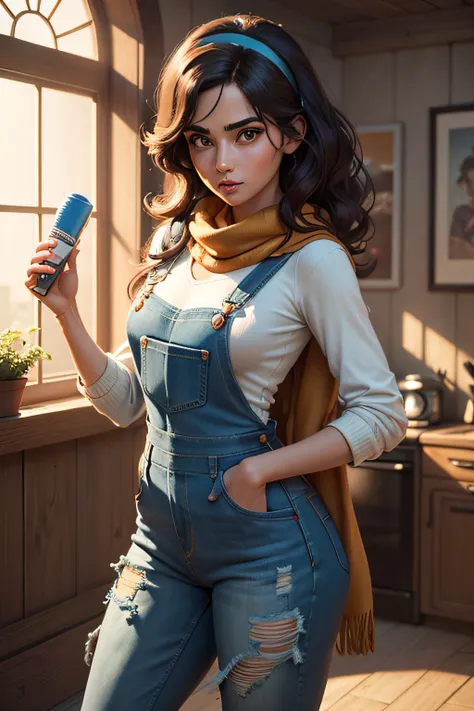 Mulher bonita cabelo curto corpo definido seios grandes, superhero character, protetor da natureza, (Estilo Pixar), corpo inteiro, Alto contraste, ultra-detalhado, wears faded denim overalls, cozy knit sweater, patchwork scarf Coloring wrapped around neck....