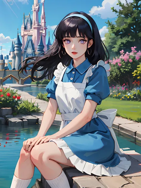 (masterpiece), (best quality), (extremely detailed), alice liddell, blue dress, white apron, black hairband, white long socks, cute pose, in a flower garden, (pond), (((disney castle at the background))), (blue sky), (sunny day), 3d. Illustration, Good Hig...