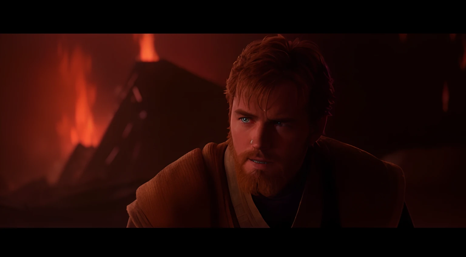 arafed image of a man in a dark room with a fire in the background, mustafar, revenge of the sith, obi wan kenobi, obi-wan kenobi, star wars revenge of the sith, movie screencap, anakin skywalker, movie screenshot from star wars, in a star wars sequel, fro...