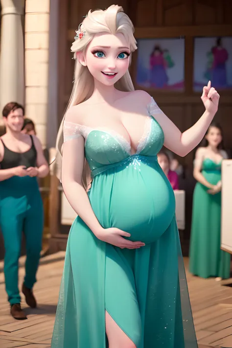 (masterpiece:1.4), (best qualit:1.4), (high resolution:1.4), elsa of arendelle, long hair,green dress, large breasts, cleavage, pregnant, dancing with male partner,crowd, party, smile,