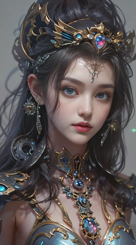 (((Masterpiece, top quality, super detailed))), (((One endless mage girl, 14 years old, radiating magic))), (((complex mechanical headgear, complex mechanical steampunk fashion and overdecorated gothic fashion and neon glitter cyberpunk fashion fusion of))...