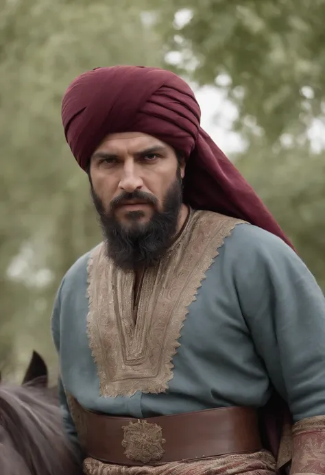 an ottoman pasha has a big turban on his head the color of the turban is white and burgundy very realistic on his horse like a real photograph he has an ottoman sword in his hand angry looking eyes an imposing stance very realistic he is wearing a thick ot...