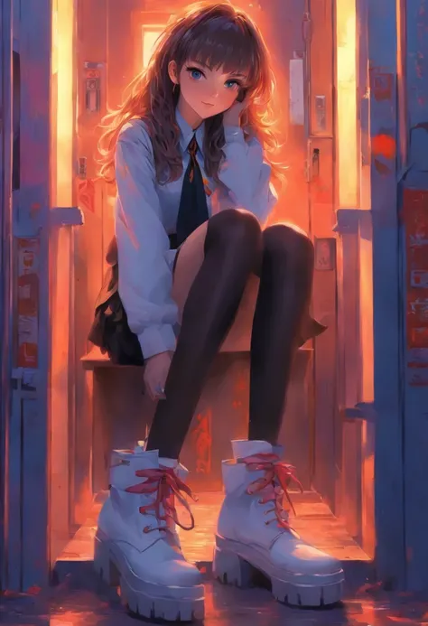 anime,one girl，brunette color hair，super model，y2k aesthetic, BALENCIAGA，Fashion brand，slender figures，Pointy toe boots full of technology，(White school uniform)，(At the school gate)