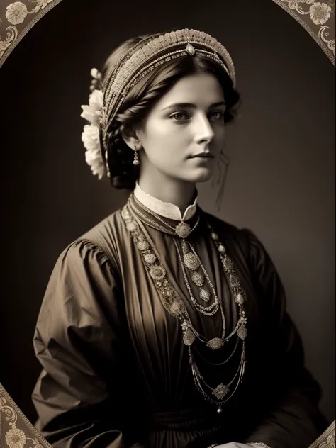 (Masterpiece) An insanely beautiful Victorian lady nomad with rich flowering headdress, vintage sepia photography, very old and torned photo