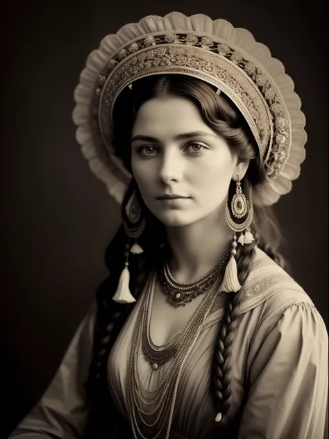 (Masterpiece) An insanely beautiful Victorian lady nomad with rich flowering headdress, vintage sepia photography, very old and torned photo