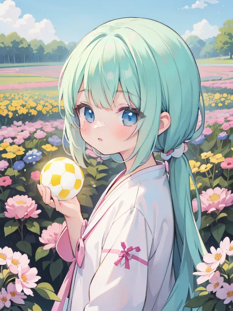 A girl holding a glowing ball in her hands in a field of flowers, arte digital bonito, painting digital adorable, arte digital detalhada bonito, Soft anime illustration, menina anime bonito, estilo de arte bonito, menina kawaii bonito, Digital anime illust...