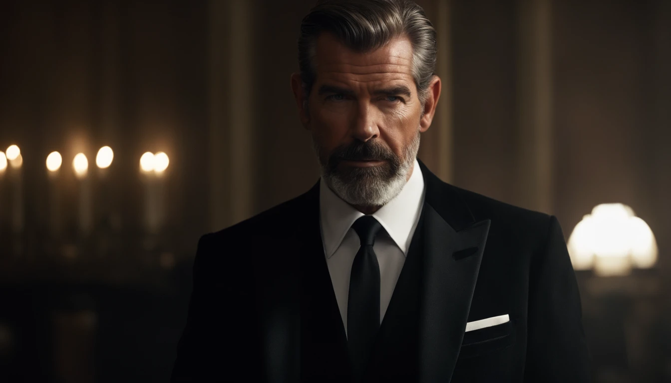 imagem de um homem com barba e terno em cima de uma pilha de ossos, Pierce Brosnan como James Bond, Pierce Brosnan, rosto nitido e detalhado, bonito, homem bonito, homem de cabelos grisalhos escuros, inspired by Józef Brandt, ele tem barba e cabelos grisal...