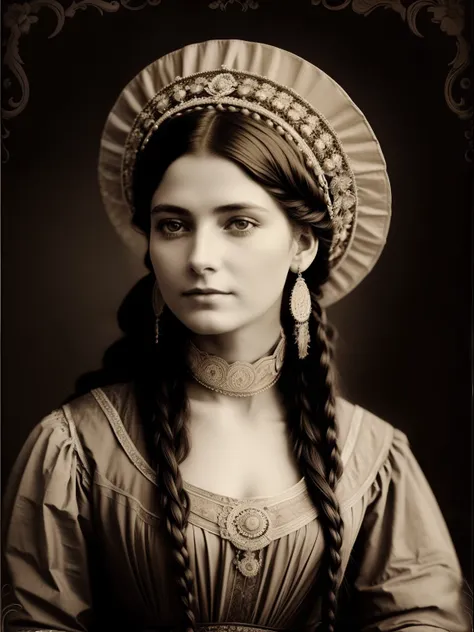 (Masterpiece) An insanely beautiful Victorian lady nomad with rich flowering headdress, vintage sepia photography, very old and torned photo