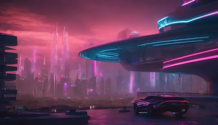 (obra prima) cidade no estilo cyberpunk, illuminated sky, neon light, imagem vista do zero, paisagem ampla, cidade futurista