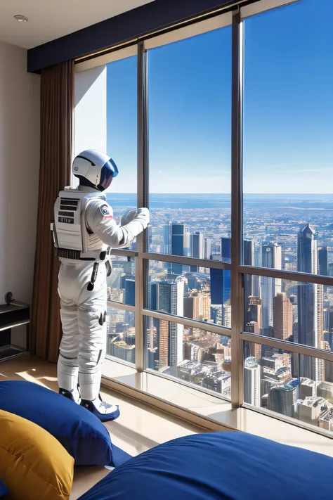 Young astronaut wakes up in a huge bed in a giant room of a skyscraper. description: The room is spacious, Adicionar alto, Large windows in the room in a panoramic view of the scene, com uma cama Grande no centro. Grande, Tall windows offer an impressive v...