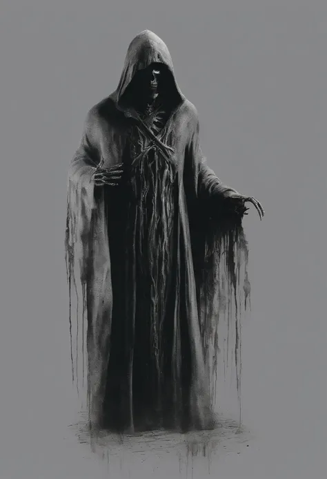 Create a frighteningly detailed and realistic depiction of the hooded figure of Death. The scene is expected to feature a black silhouette with a skull on a face and a skeletal hand holding a menacing sickle. Esta figura sinistra deve ter como pano de fund...