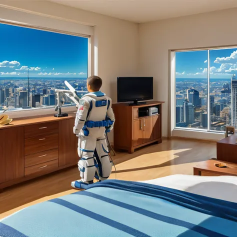 Young astronaut wakes up in a huge bed in a giant room of a skyscraper. description: The room is spacious, Adicionar alto, Large windows in the room in a panoramic view of the scene, com uma cama grande no centro. Grande, Tall windows offer an impressive v...