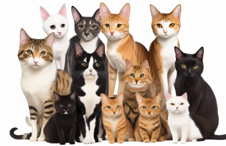 there are many different types of cats and dogs together, pet animal, pets, various animals, cat on top of dog, animals, diverse species, filled with fauna, animals wildlife, with a white background, highly detailed composition, mixture animal, a wide full...