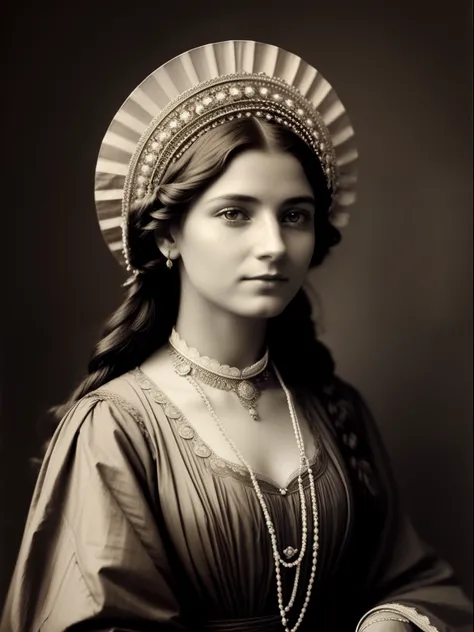 (Masterpiece) An insanely beautiful Victorian lady nomad with rich flowering headdress, vintage sepia photography, very old and torned photo