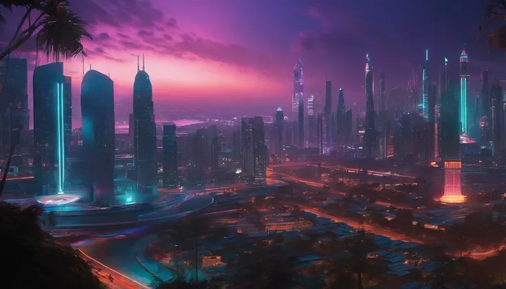 (obra prima) cidade no estilo cyberpunk, illuminated sky, neon light, imagem vista do zero, paisagem ampla, cidade futurista