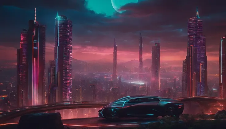 (obra prima) cidade no estilo cyberpunk, illuminated sky, neon light, imagem vista do zero, paisagem ampla, cidade futurista