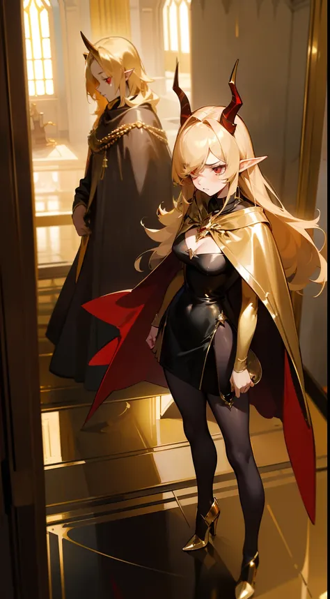 1woman,40s,solo,angry face,golden and black short dress,medium tits,golden hair,long hair,red eyes,elves ears,golden horns,pantyhose,((cape)),hair over one eye,gold high heels,(((standing in front of a room inside a castle)))