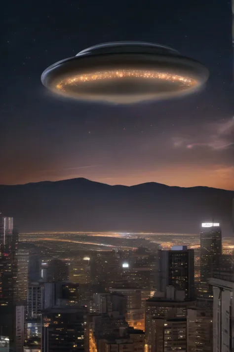 crie um, hyper-realistic image of a UFO flying gracefully across the night sky above an expanse, paisagem urbana brilhantemente iluminada. The city should come alive with a mesmerizing display of lights, casting a captivating glow. O OVNI em si deve ser in...