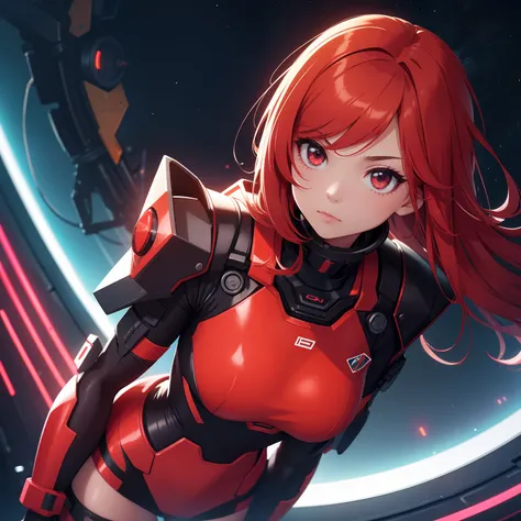 A girl in a mech suit with red neon parts in space