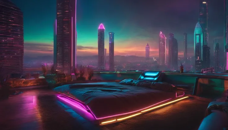 (obra prima) cidade no estilo cyberpunk, illuminated sky, neon light, imagem vista do zero, paisagem ampla, cidade futurista